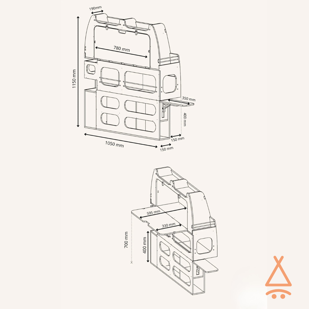 Ensemble kit aménagement van "en L" V1 plan détaillé du meuble de rangement