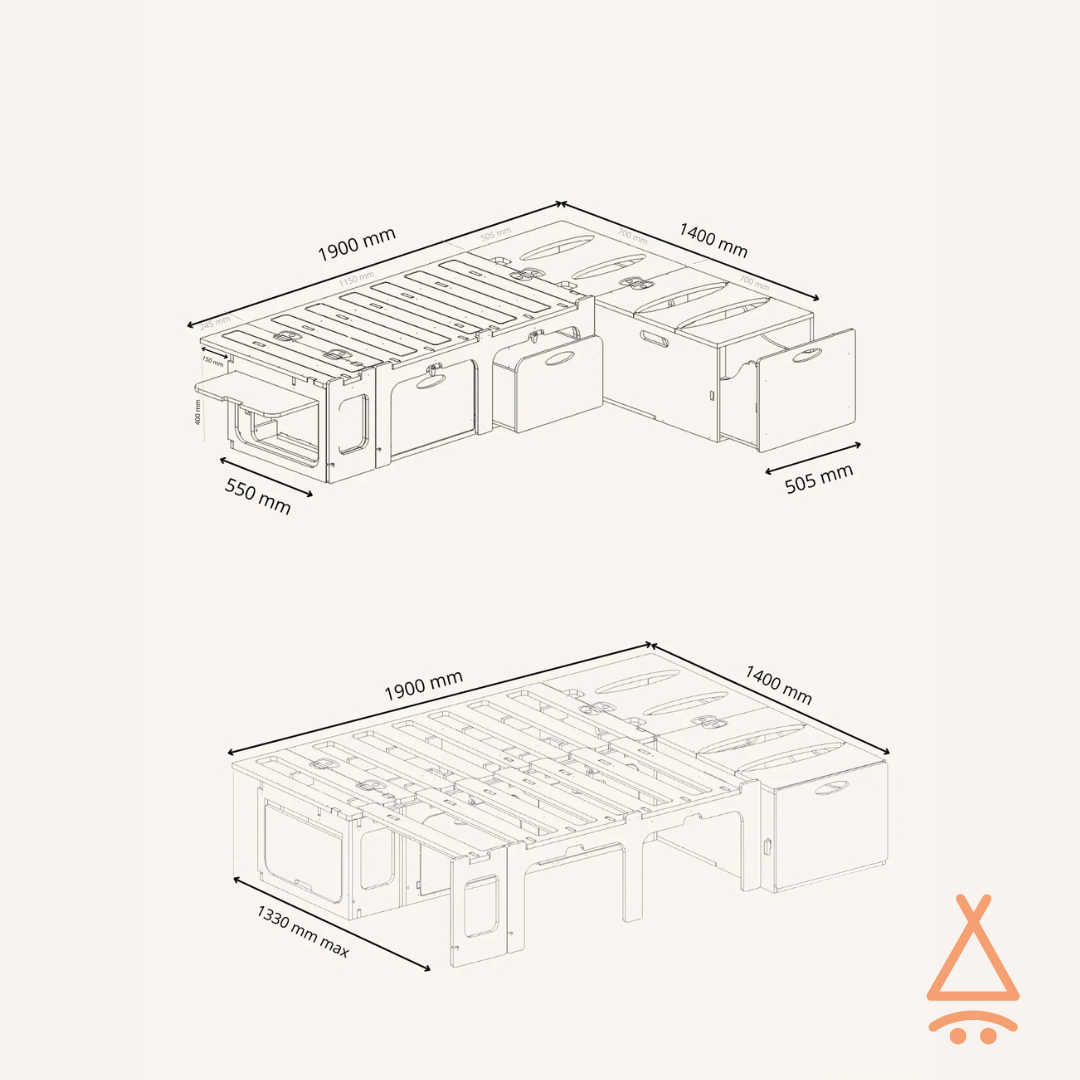 Ensemble kit aménagement van "en L" V1 plan détaillé du lit en L