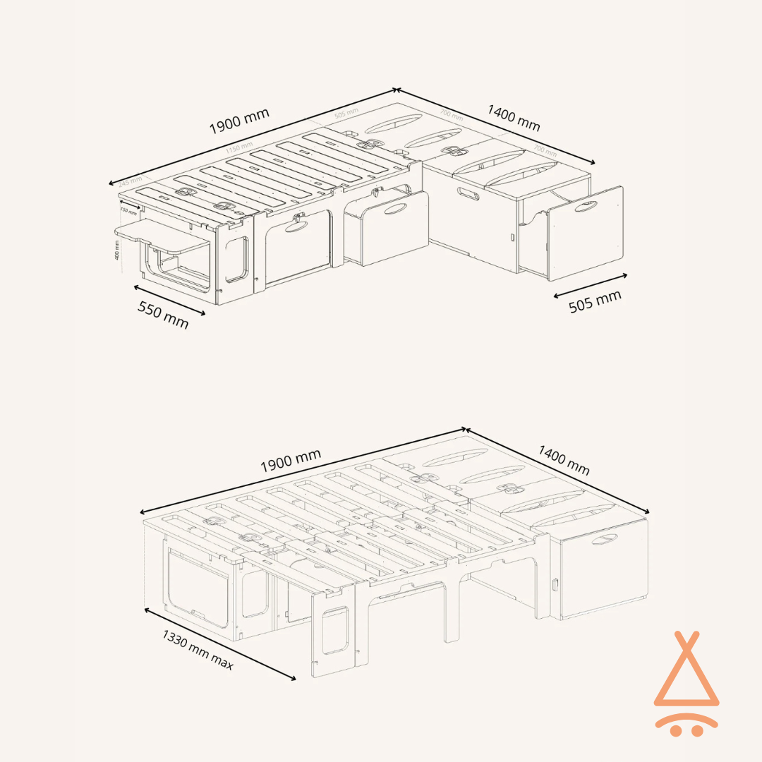 Ensemble kit aménagement van "en L" V2 plan détaillé en lit