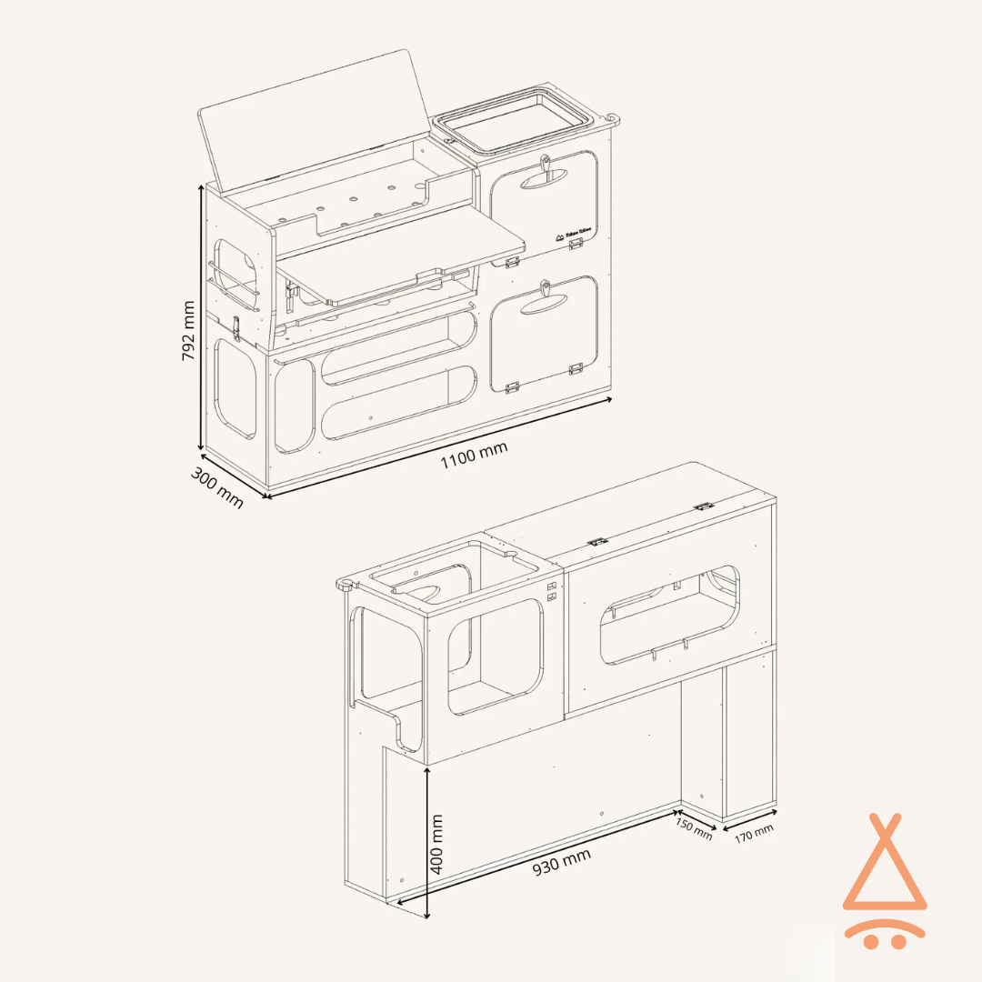Ensemble kit aménagement van "en L" V2 plan détaillé du meuble cuisine