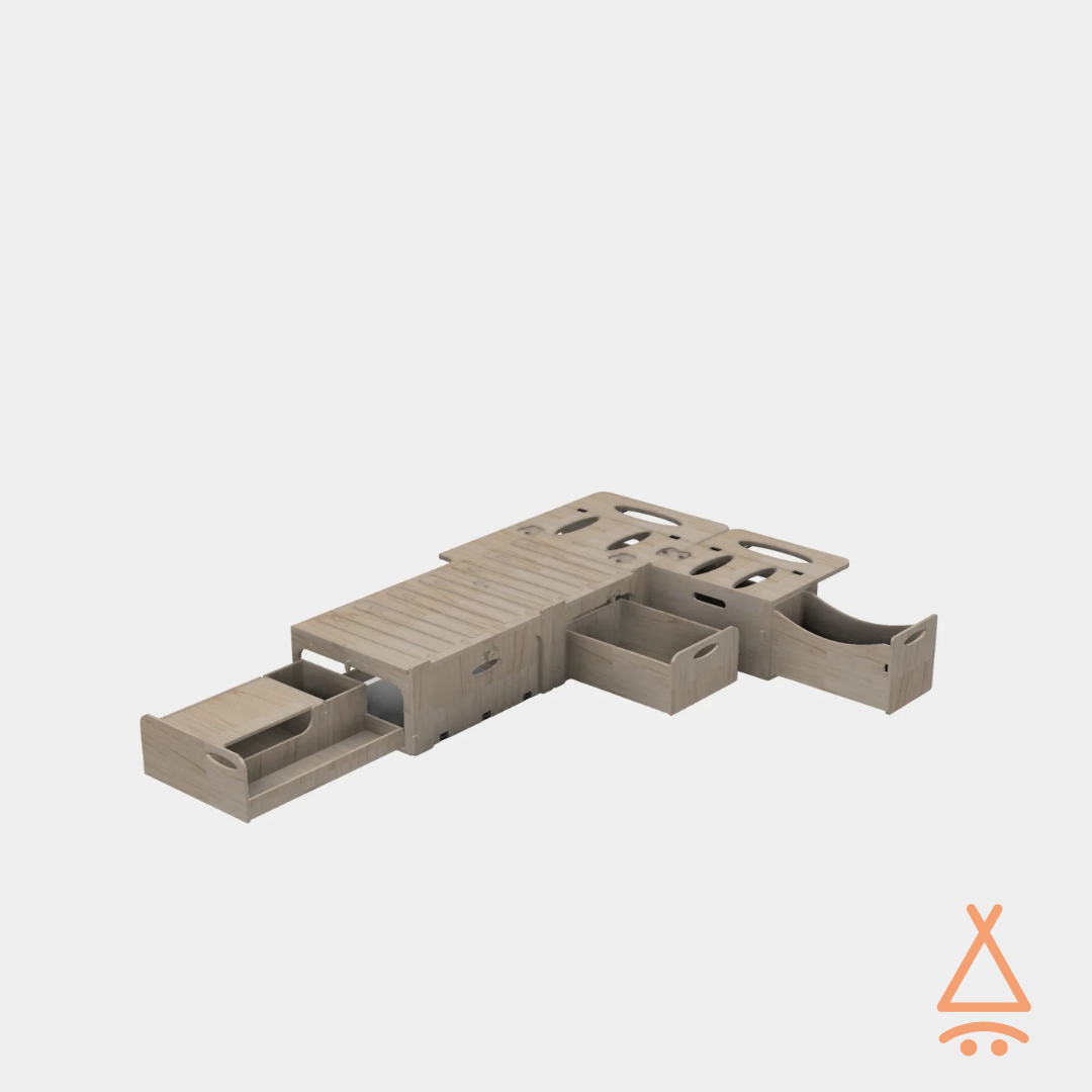 Lit peigne petits utilitaires "en L" en banquette sans matelas et tiroirs ouvert